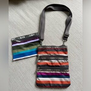 LeSportsac Bundle: Three Zipper Striped Nylon Crossbody and Nylon Cosmetic Pouch
